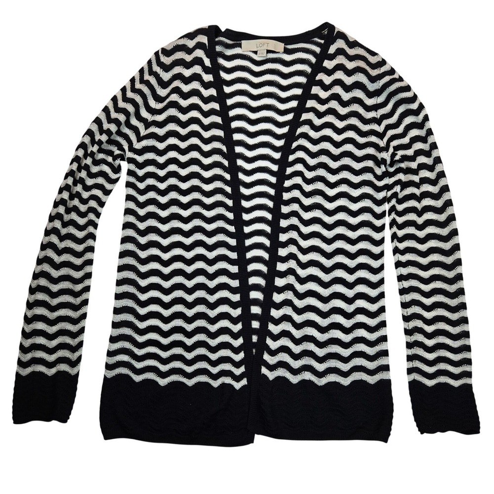 Ann Taylor Loft Sweater Cardigan XS‎ Black White Striped Open Front Career Rayon
